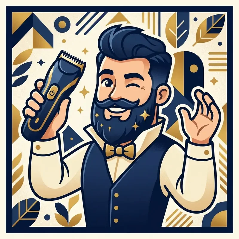 Ilustração cartoon de mascote de barba segurando um aparador de barba, beard bem aparada