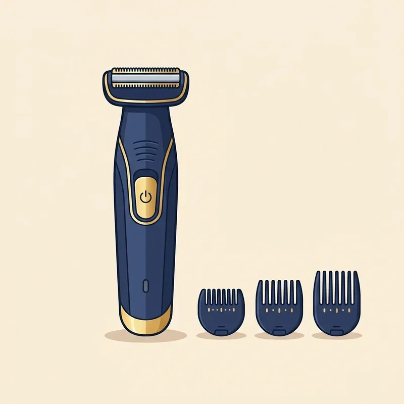 Ilustração de um aparador de pelos corporais com pentes de alturas diferentes ao lado