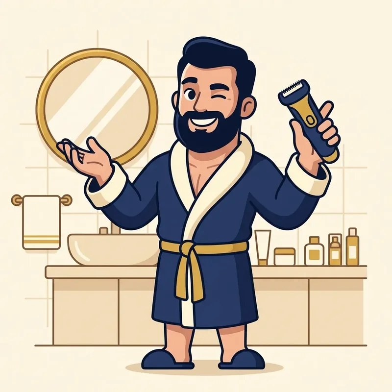 Ilustração cartoon de mascote de roupão segurando um aparador de pelos corporais