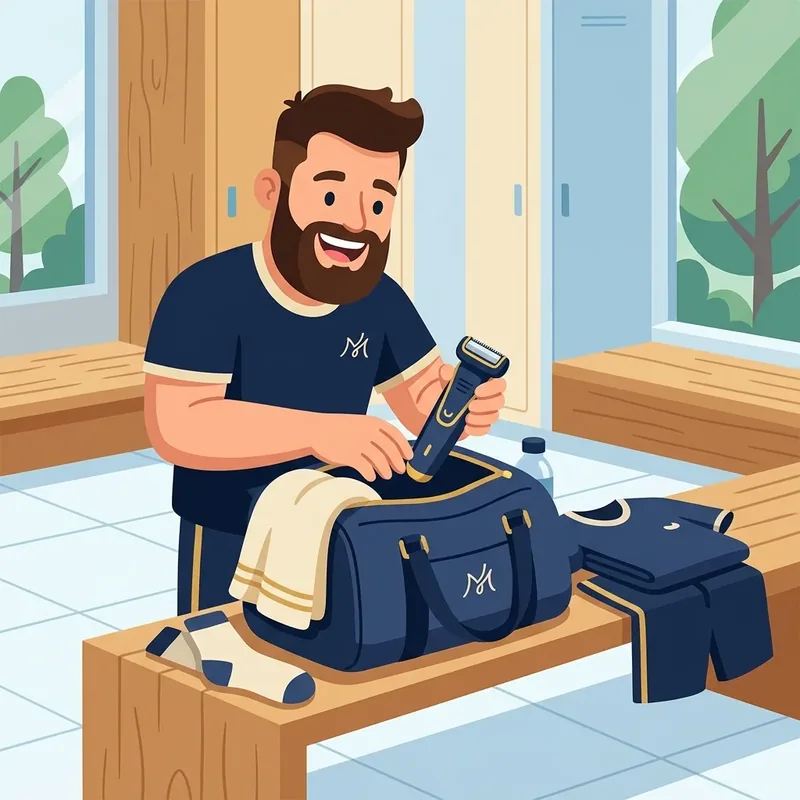 Ilustração de mascote guardando um aparador de pelos numa bolsa de viagem