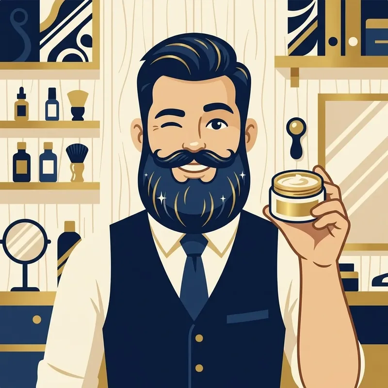 Ilustração cartoon de mascote de barba segurando um pote de balm para barba