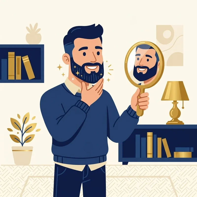 Ilustração de mascote admirando no espelho a barba recém-aparada