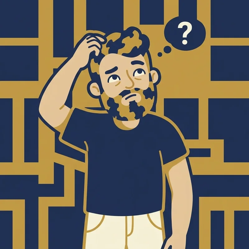 Ilustração cartoon de mascote com barba falhada coçando a cabeça, pensativo