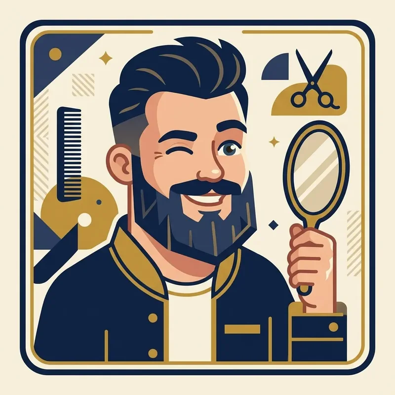Ilustração cartoon de mascote de rosto redondo com barba estilizada, segurando um espelho de mão