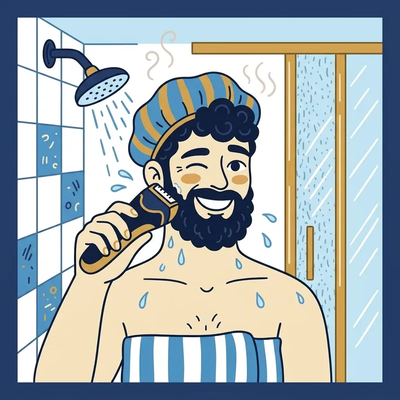 Ilustração cartoon de mascote se barbeando dentro do chuveiro com gotas de água ao redor