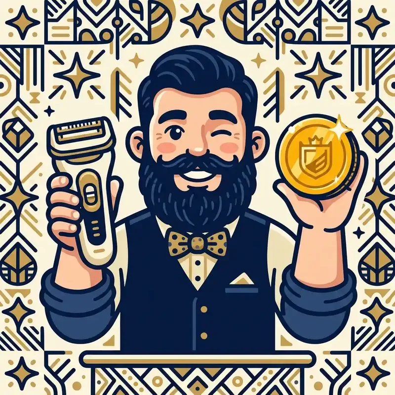 Ilustração cartoon de mascote de barba piscando, com um barbeador elétrico dourado em uma mão e uma moeda dourada na outra