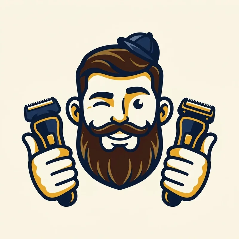Ilustração cartoon de mascote de barba segurando dois barbeadores elétricos, um em cada mão