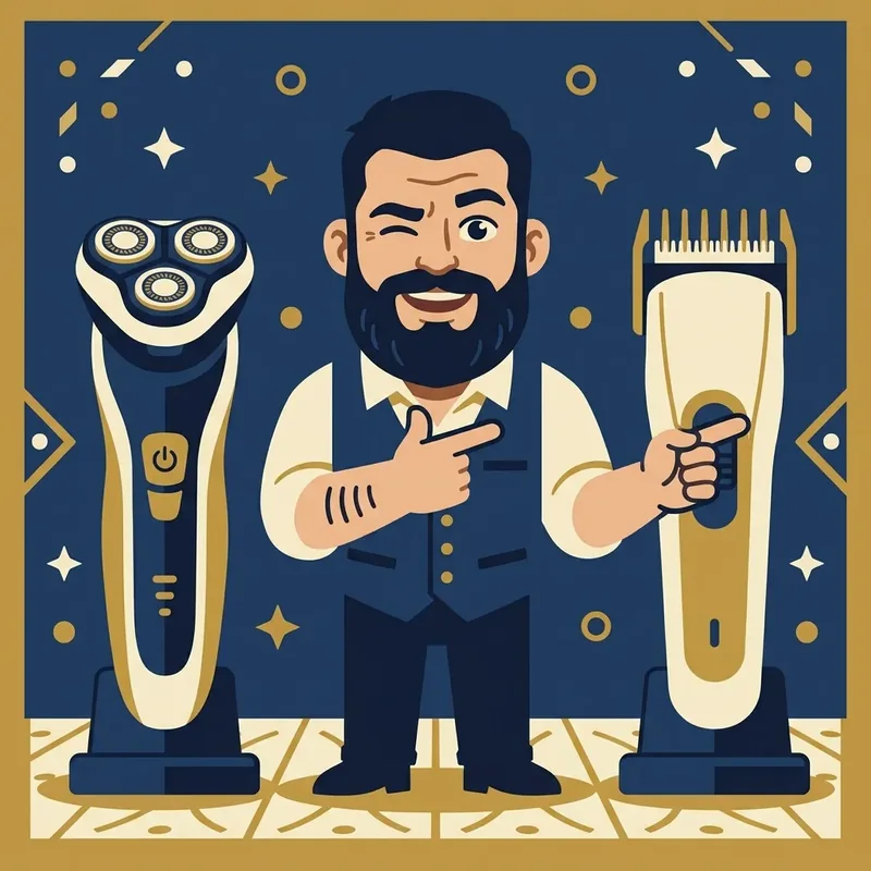 Ilustração cartoon de mascote entre um barbeador elétrico e um aparador de barba, decidindo