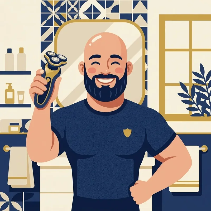 Ilustração cartoon de mascote careca segurando um barbeador de cabeça com orgulho
