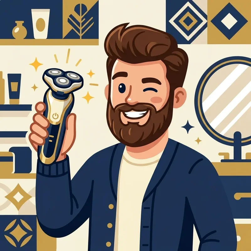 Ilustração cartoon de mascote de barba segurando um barbeador Philips premium dourado
