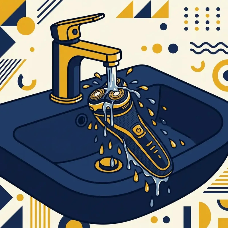 Ilustração de um barbeador elétrico rotativo dourado sendo lavado na torneira de uma pia azul-marinho, com gotas de água caindo da cabeça de corte