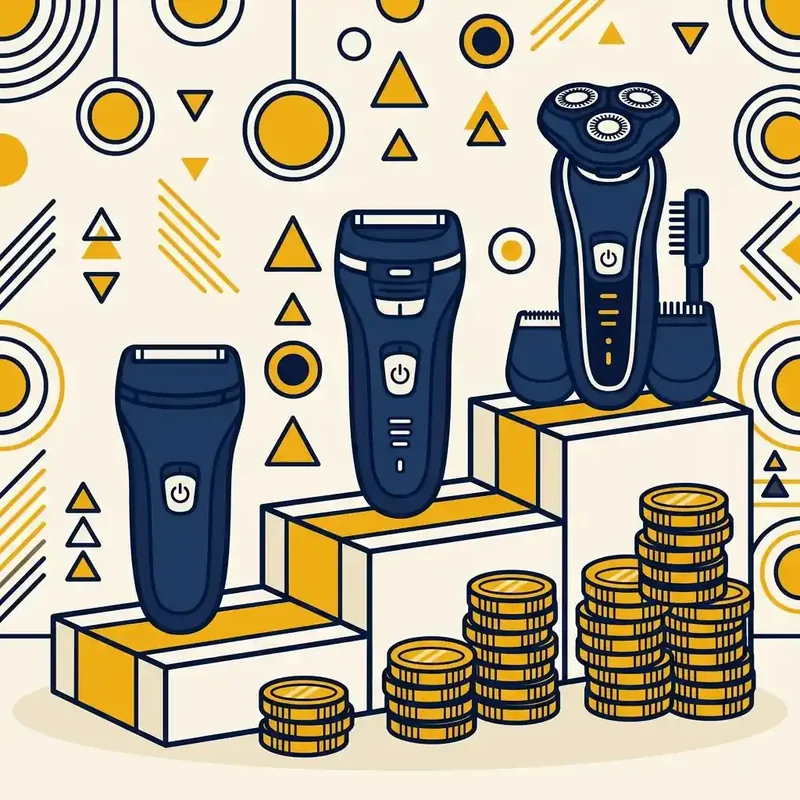 Ilustração de três barbeadores elétricos sobre degraus de altura crescente, com pilhas de moedas douradas ao lado de cada degrau