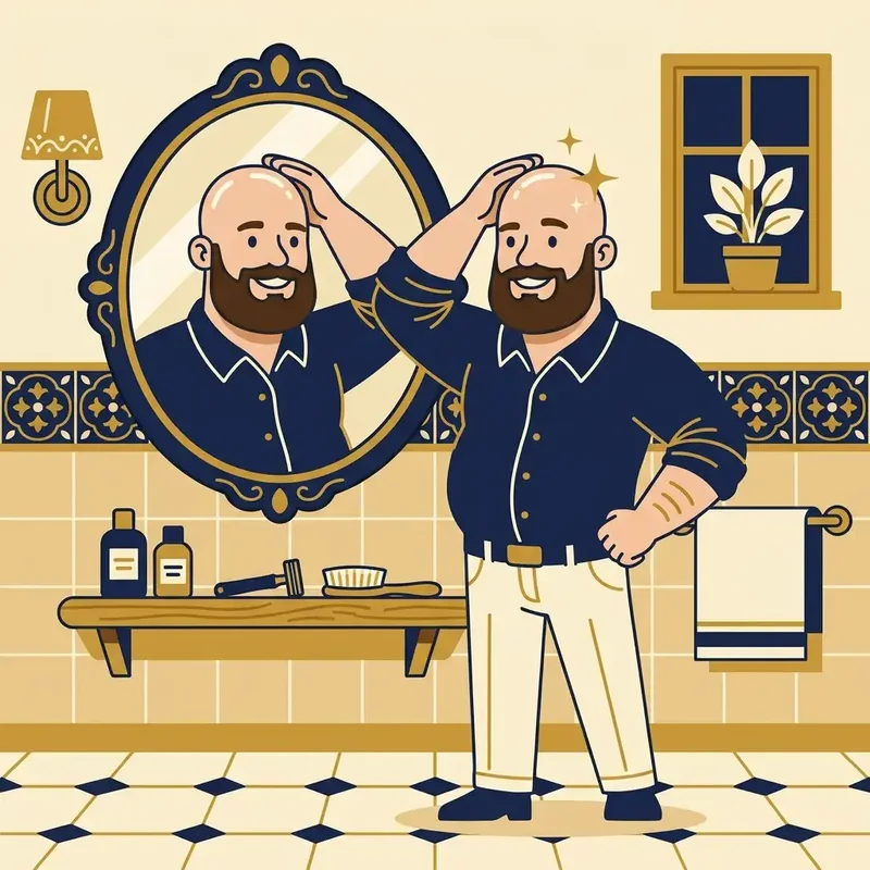 Ilustração de mascote careca admirando o resultado no espelho, cabeça brilhando