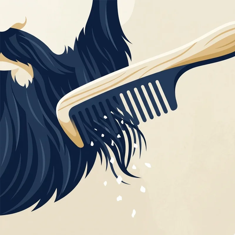 Ilustração de um pente de madeira com pequenos flocos brancos caindo dos fios da barba