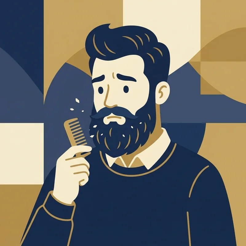 Ilustração cartoon de mascote observando a própria barba com leve preocupação, segurando um pente