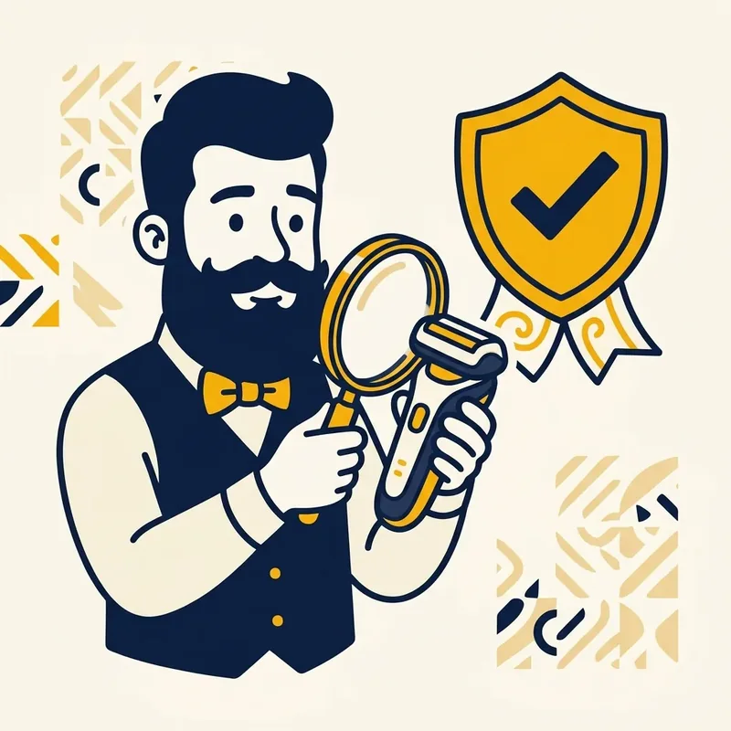 Ilustração de mascote de barba examinando um barbeador elétrico com uma lupa, ao lado de um selo de garantia em forma de escudo dourado com check