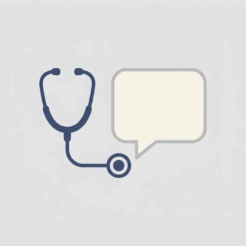 Ilustração minimalista de um estetoscópio ao lado de um balão de conversa, representando consulta médica