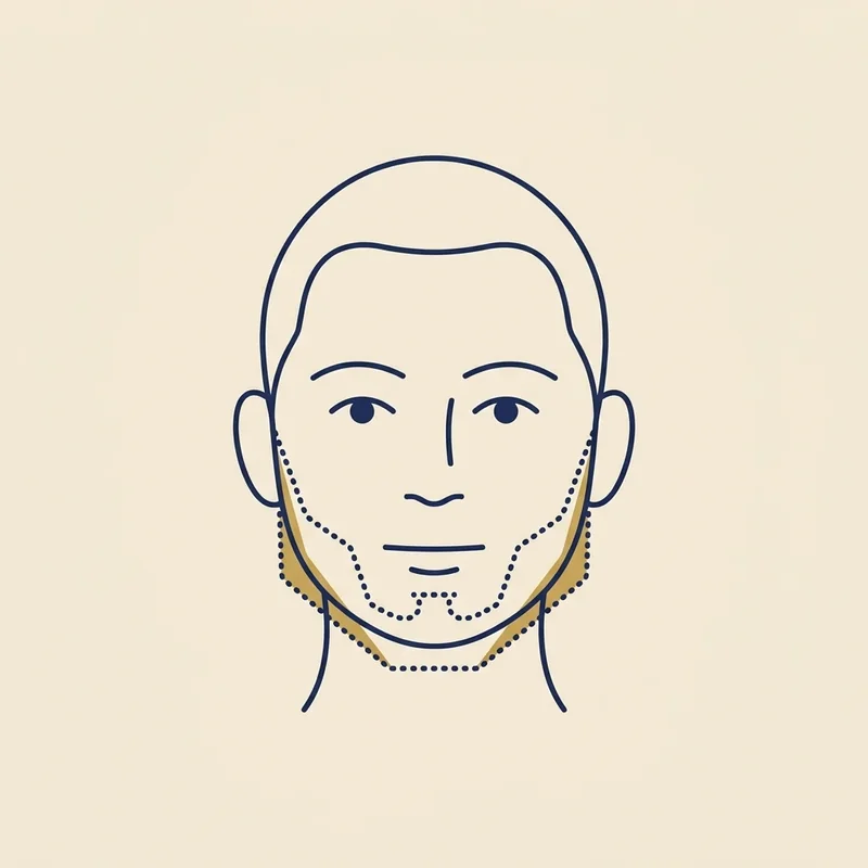 Diagrama ilustrado de um rosto redondo com sobreposição de barba alongando o queixo