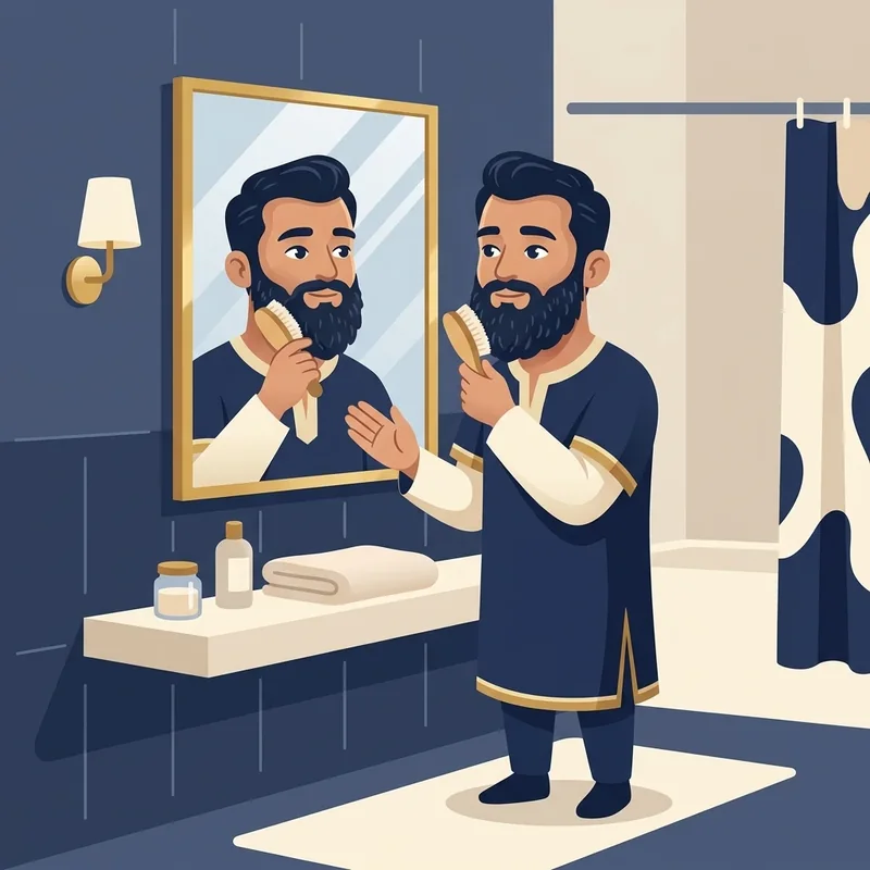 Ilustração de mascote escovando a barba com escova macia em frente ao espelho