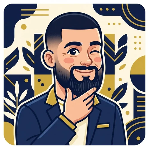 Ilustração de mascote pensativo tocando a barba bem aparada