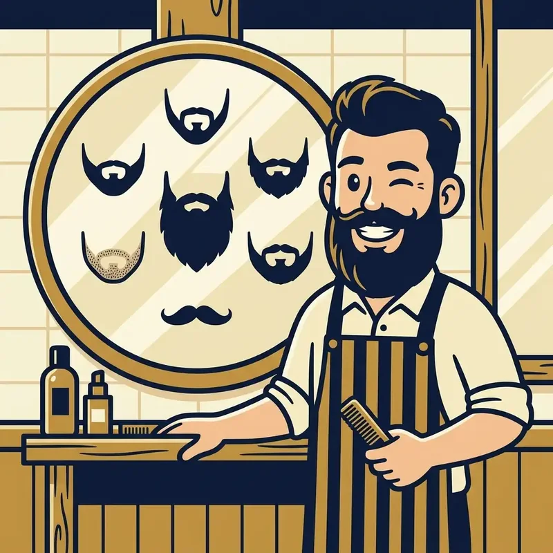 Ilustração cartoon de mascote de barba em frente a um espelho de barbearia com estilos de barba refletidos