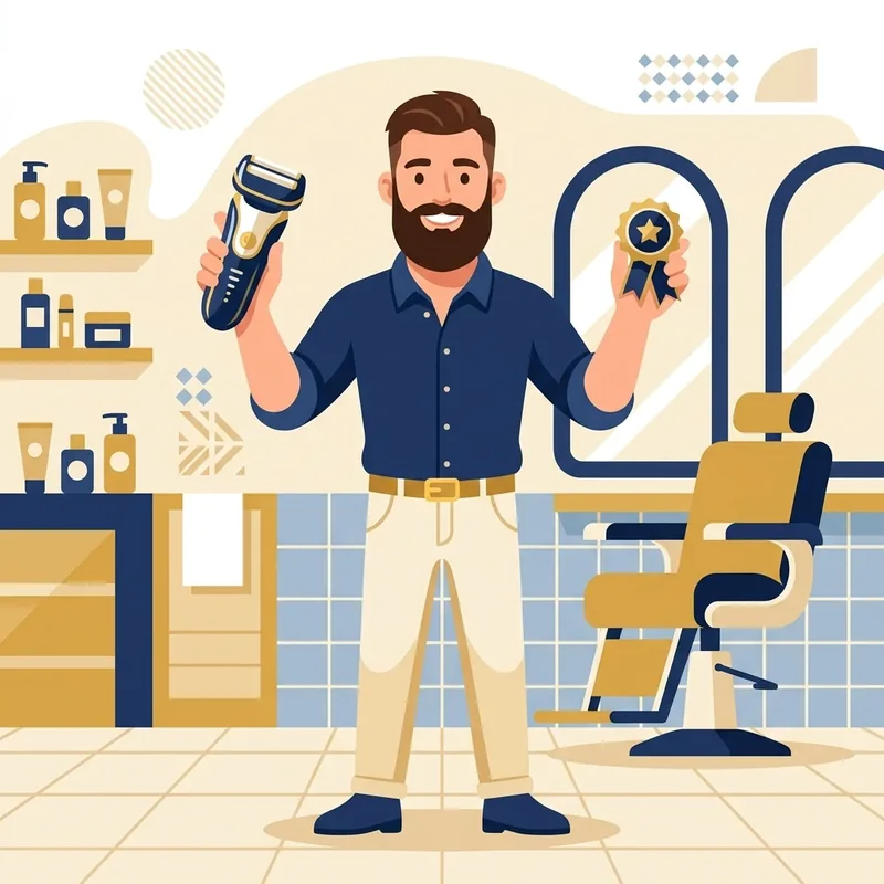Ilustração de mascote segurando um barbeador Philips e um selo de garantia estendida