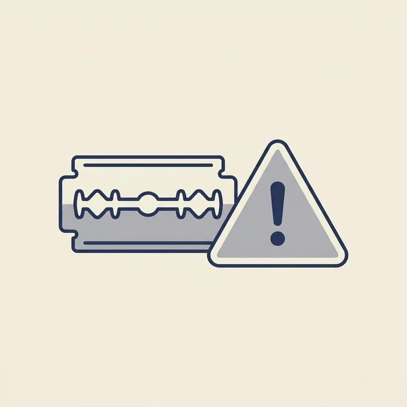 Ilustração minimalista de uma lâmina de barbear ao lado de um símbolo de alerta