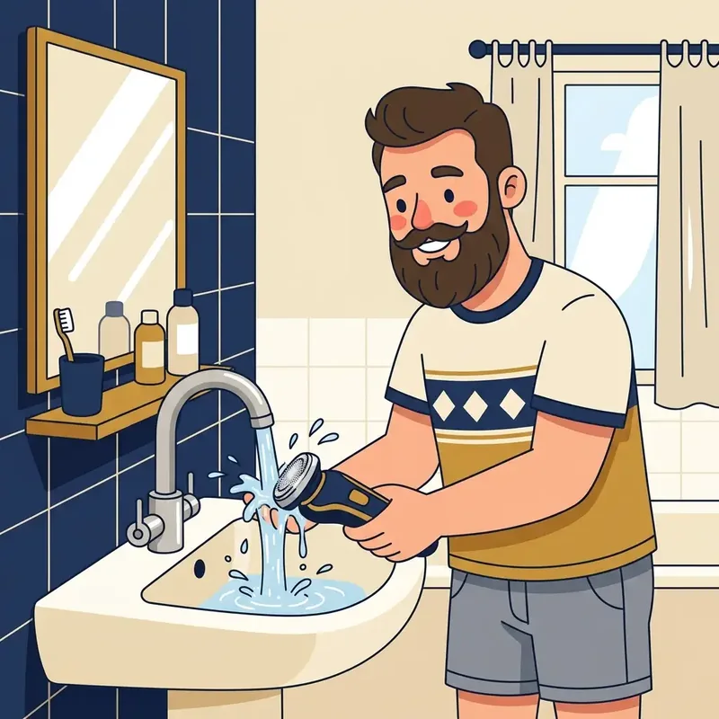 Ilustração de mascote lavando a cabeça de um barbeador elétrico na torneira do banheiro