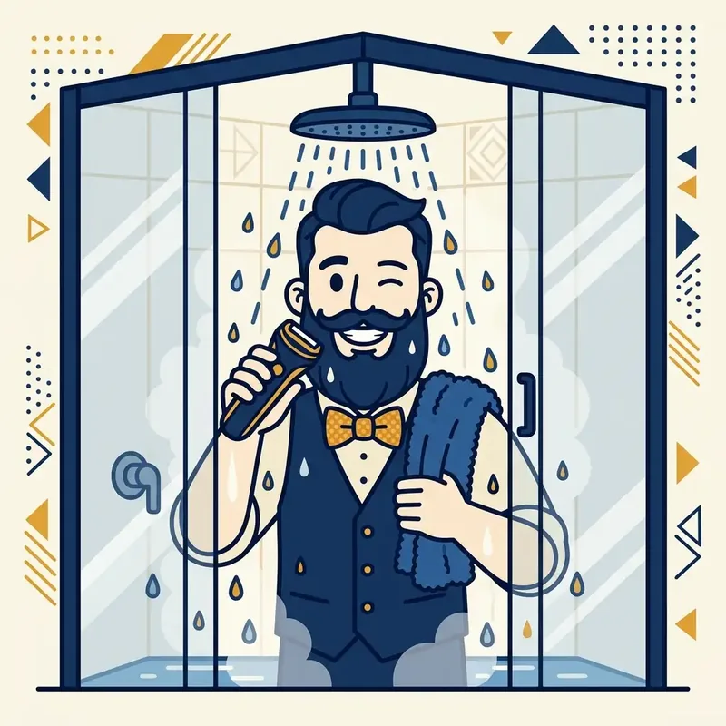 Ilustração cartoon de mascote de barba piscando dentro de um box de chuveiro, com um barbeador elétrico na mão e toalha azul no ombro