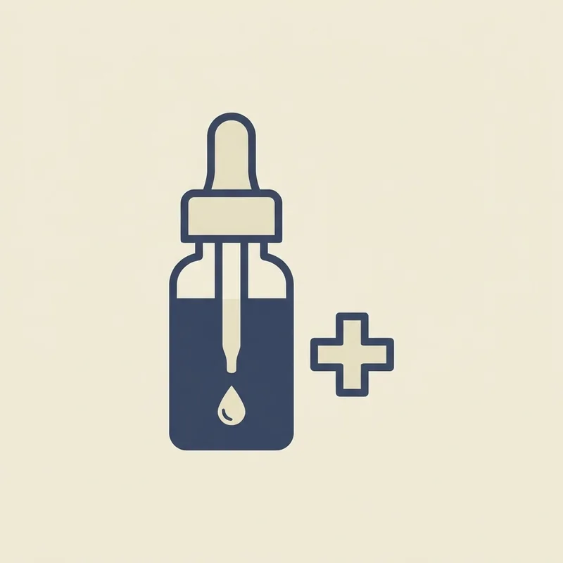 Ilustração informativa de um frasco conta-gotas genérico ao lado de um símbolo de cruz médica
