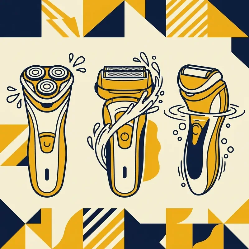 Ilustração de três barbeadores elétricos lado a lado, com respingos, um jato e imersão em água, mostrando níveis crescentes de resistência à água