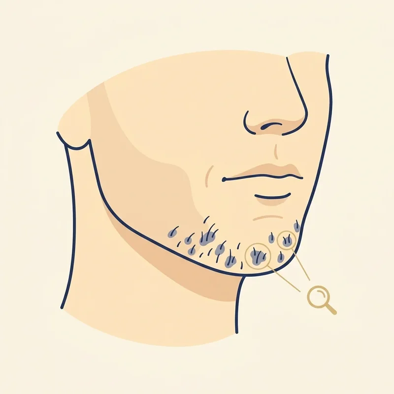 Ilustração simples mostrando falhas irregulares no crescimento da barba na linha do queixo