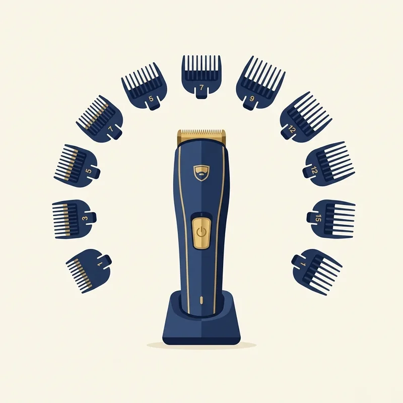 Ilustração de um aparador de barba cercado por pentes de comprimentos diferentes