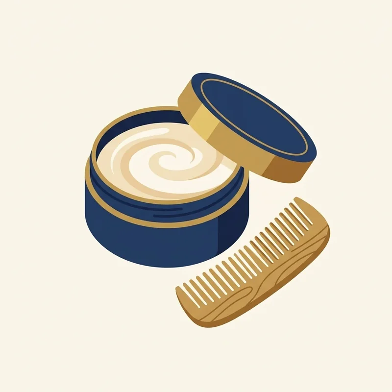 Ilustração de um pote aberto de balm para barba ao lado de um pente de madeira