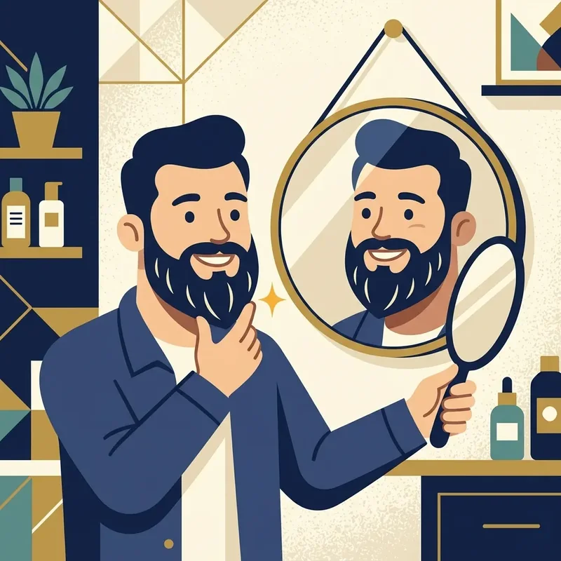 Ilustração de mascote sorrindo satisfeito com o novo formato de barba no espelho