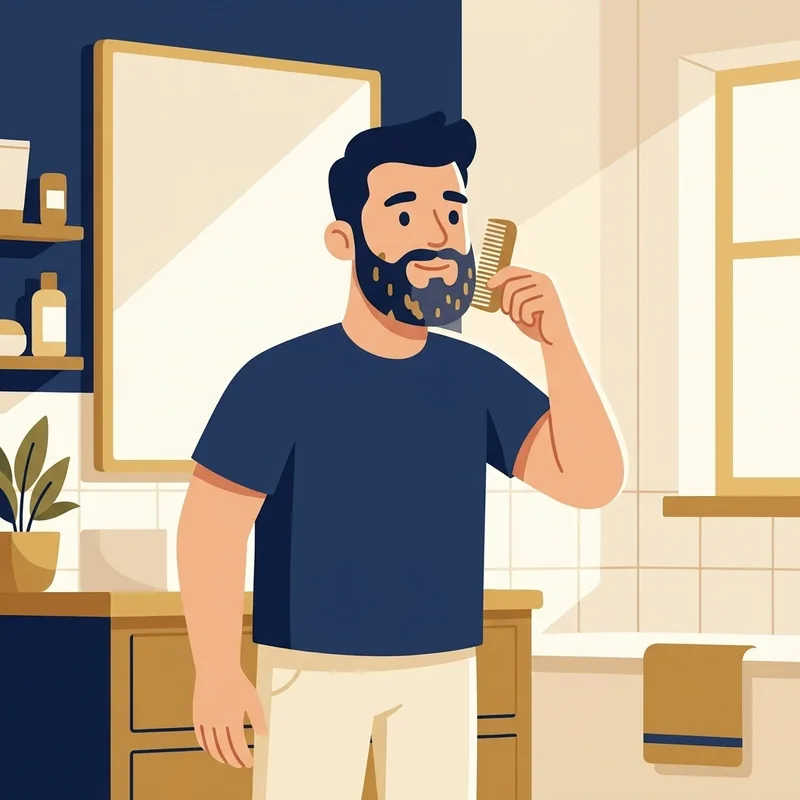 Ilustração de mascote escovando a barba com pente em frente ao espelho