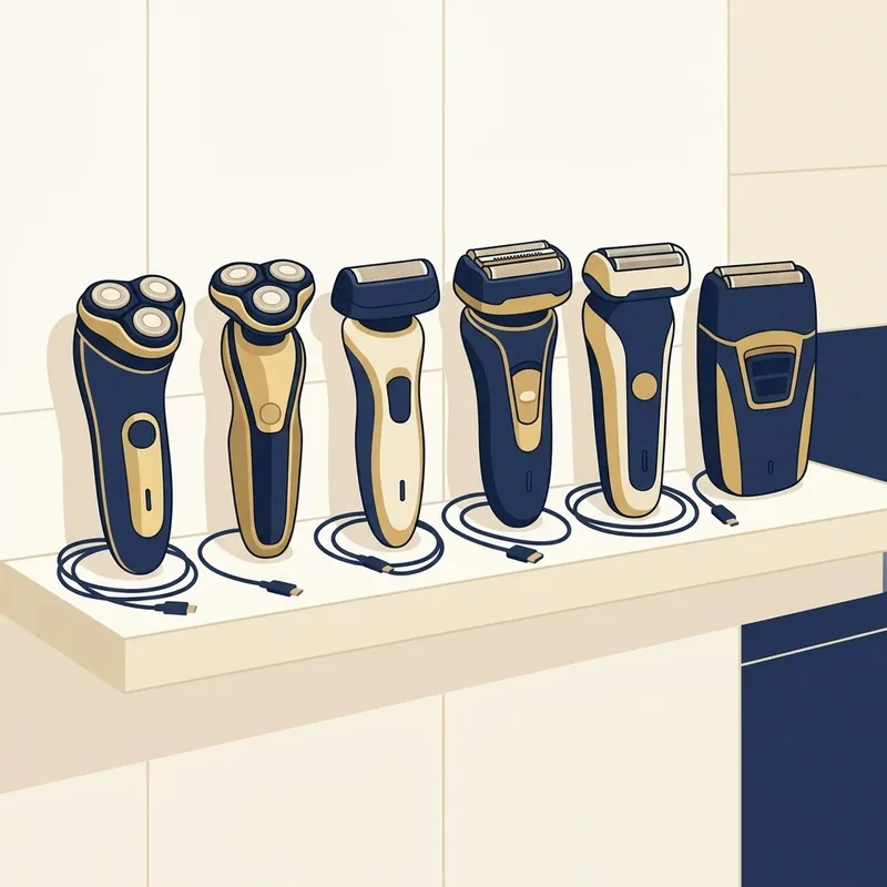 Ilustração de vários barbeadores elétricos de formatos diferentes lado a lado numa prateleira