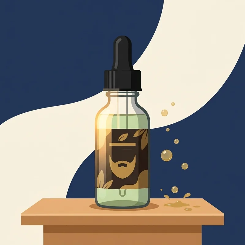 Ilustração de um vidro conta-gotas de óleo para barba com gotas caindo